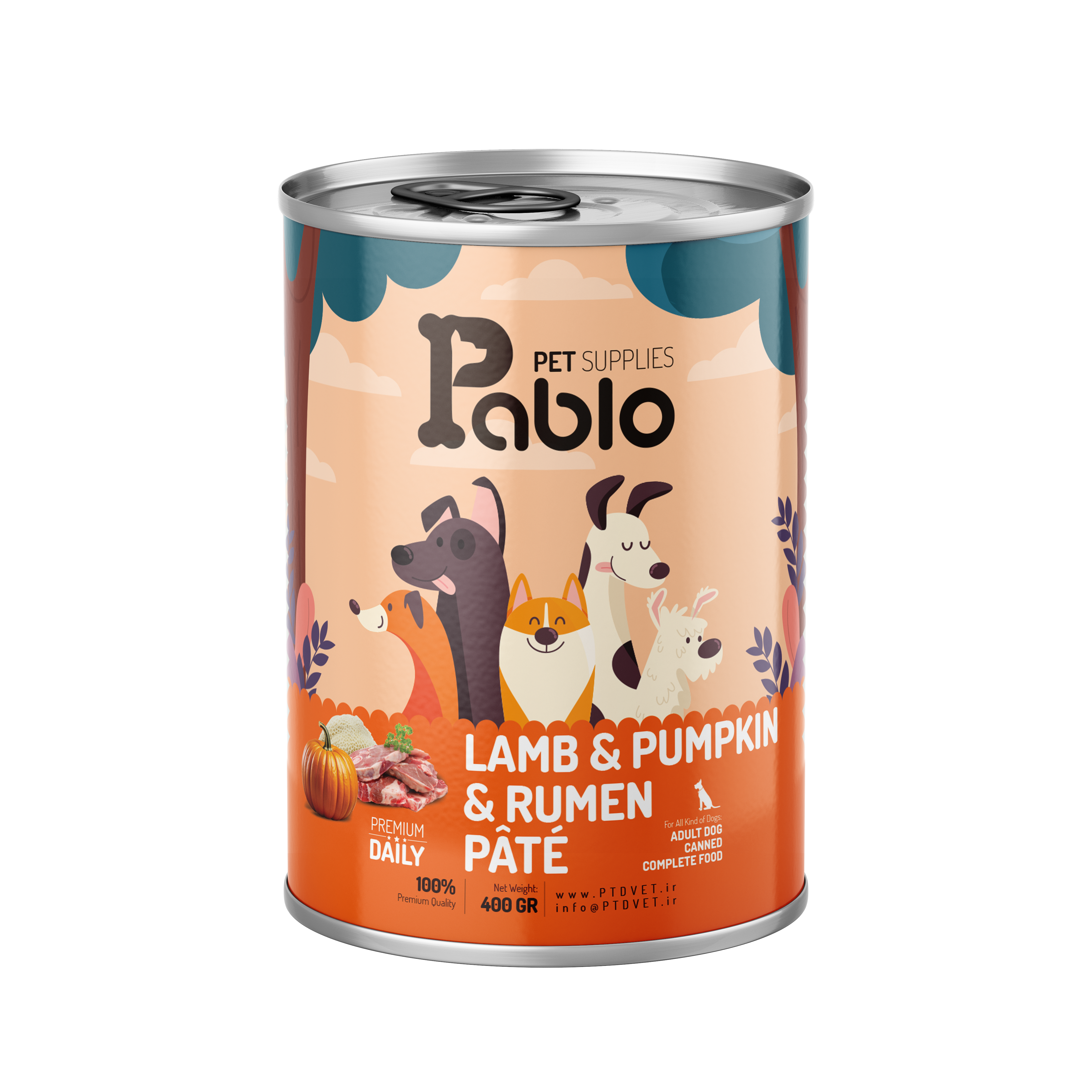کنسرو سگ پابلو پرمیوم طعم بره، سیرابی، کدو